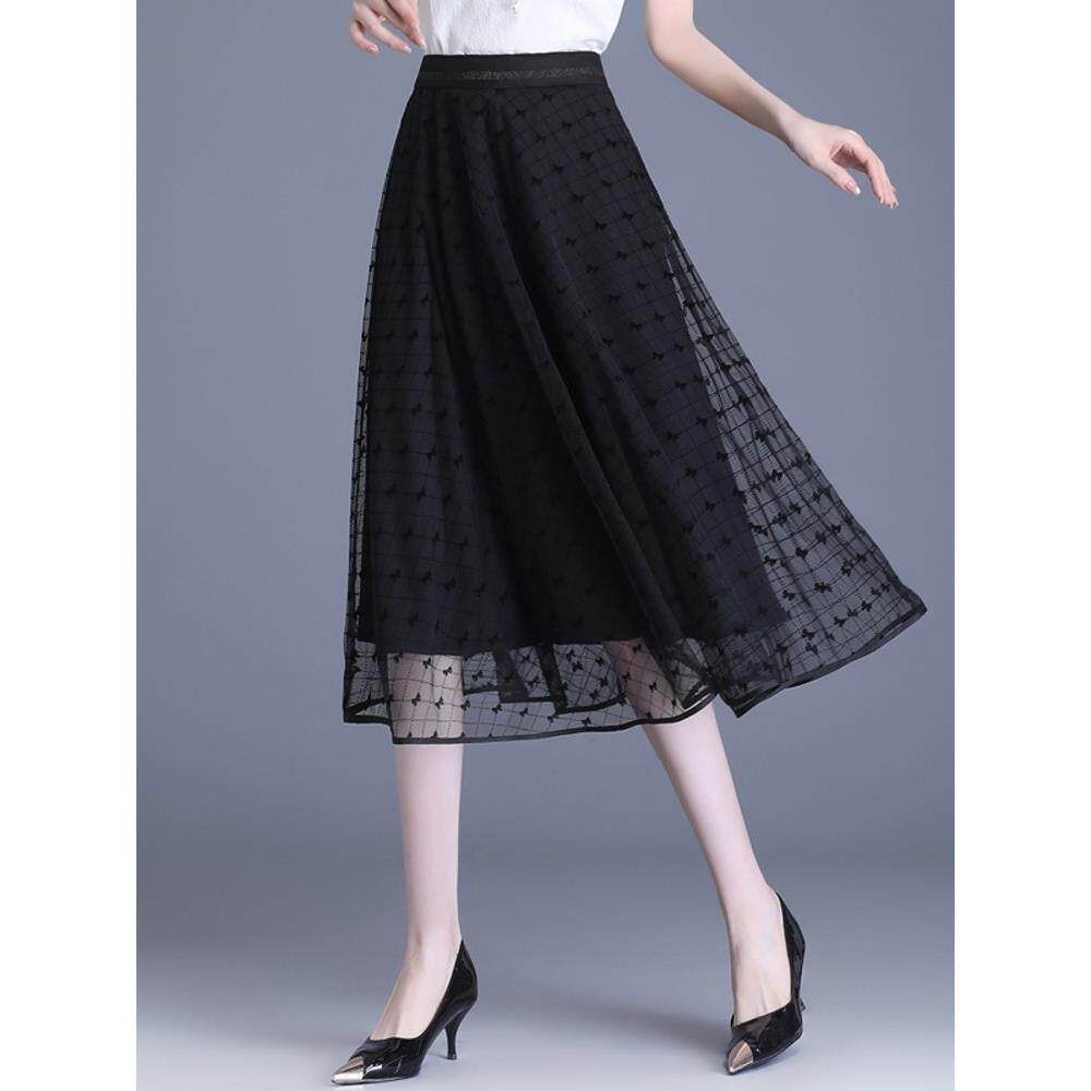 小个子半身裙女2025春秋新款薄款网纱a字中年妈妈显瘦百搭百褶裙