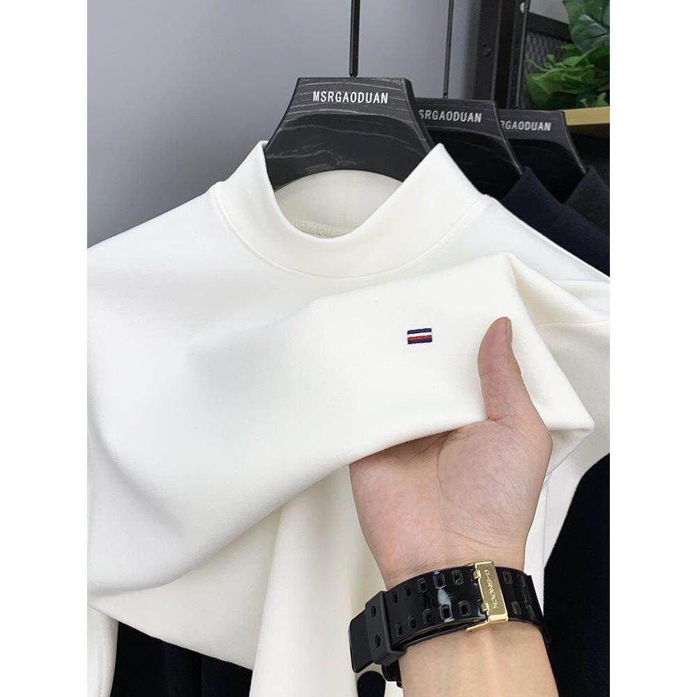 秋冬季高端加厚保暖双面德绒卫衣男士磨毛半高领长袖t恤打底上衣