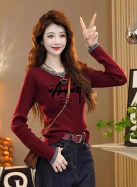 香港TIMO假两件秋季新款洋气设计感内搭圆领长袖纯棉修身显瘦上衣