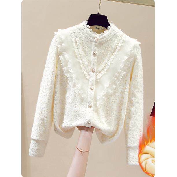 专柜半高领蕾丝加绒长袖打底衬衫女2025新款秋冬季高级感轻奢衬衣