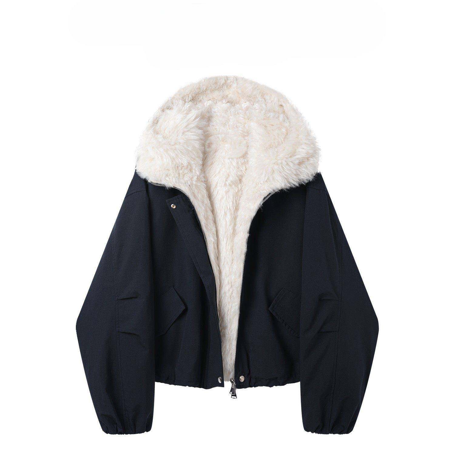 香港冬季韩系高级感工装加绒加厚毛毛外套女连帽保暖派克棉服夹克