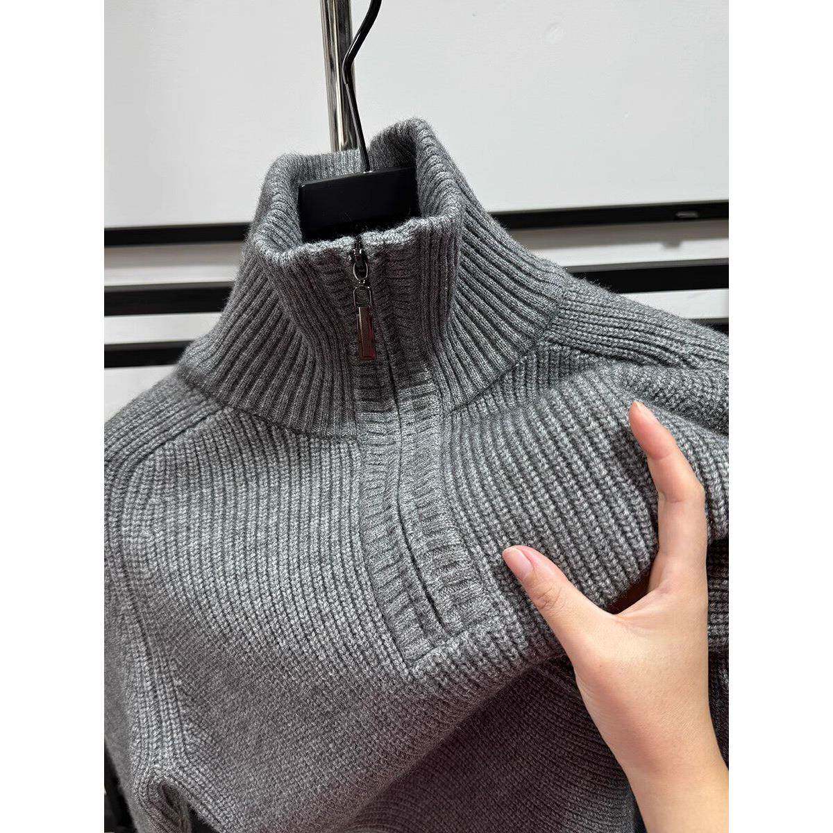 半拉炼可翻高领毛衣男冬季加厚保暖高端纯色休闲百搭套头针织上衣