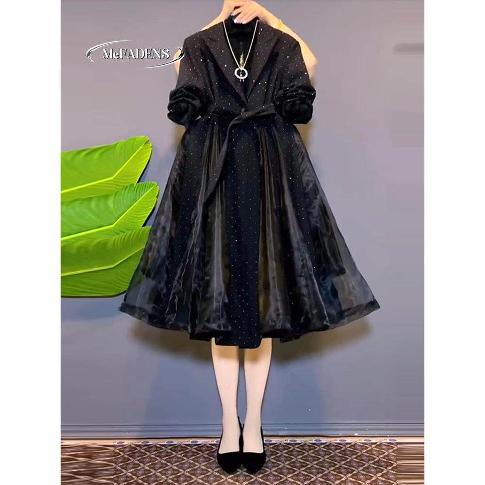 香港胖女孩轻奢赫本风格加码妇女腰拼接网眼中等长度黑色泡芙裙