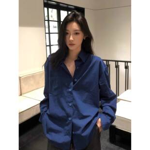 韩国宝蓝色polo领长袖衬衫女2025秋季高级感轻奢宽松气质休闲衬衣