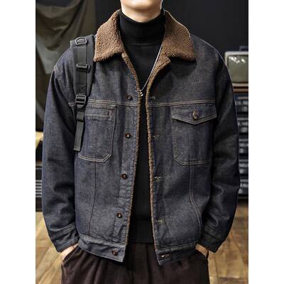 羊羔绒牛仔男士外套秋冬季2025新款加绒加厚保暖棉服美式宽松夹克