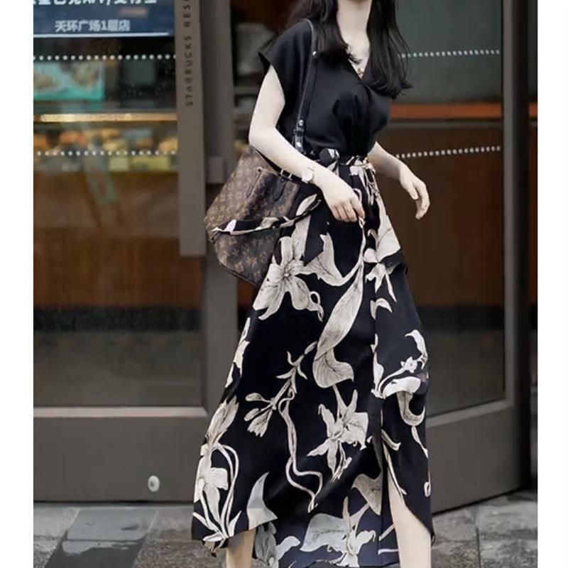 高端奢华大牌女士拼接印花连衣裙假两件套修身优雅长裙加码女性夏