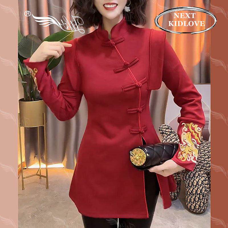 香港大码早春新中式盘扣开叉红色衬衫女中长款复古国风设计感上衣