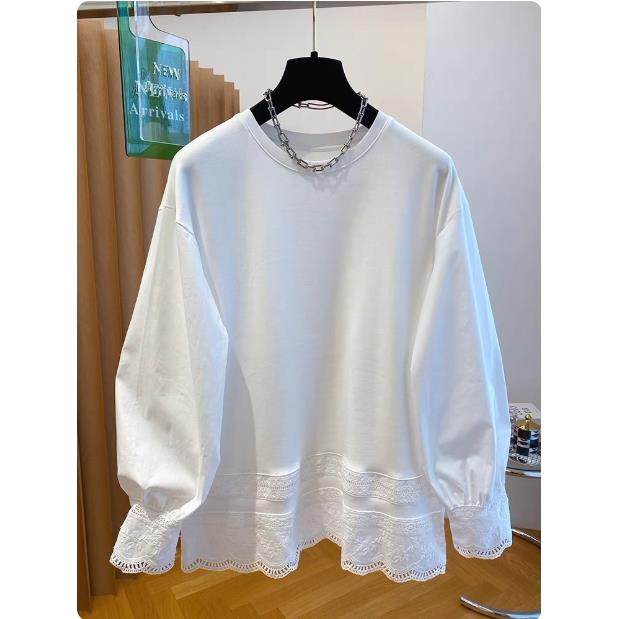 专柜白色蕾丝拼接花边泡泡袖T恤女2025早秋设计感宽松打底衫上衣