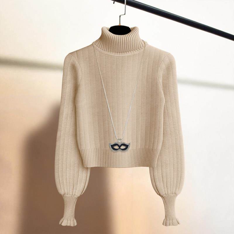 潮牌加绒高领毛衣女2025秋冬季外穿高腰加厚套头保暖针织衫短上衣