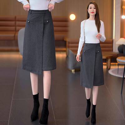 中长款毛呢半身裙女秋冬2025新款灰色高腰显瘦a字裙气质呢子伞裙