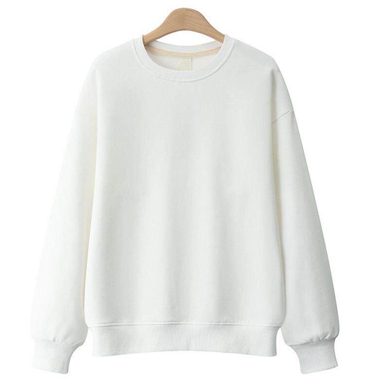 潮牌加绒加厚圆领卫衣女2024年秋冬新款纯色韩版薄款套头白色上衣