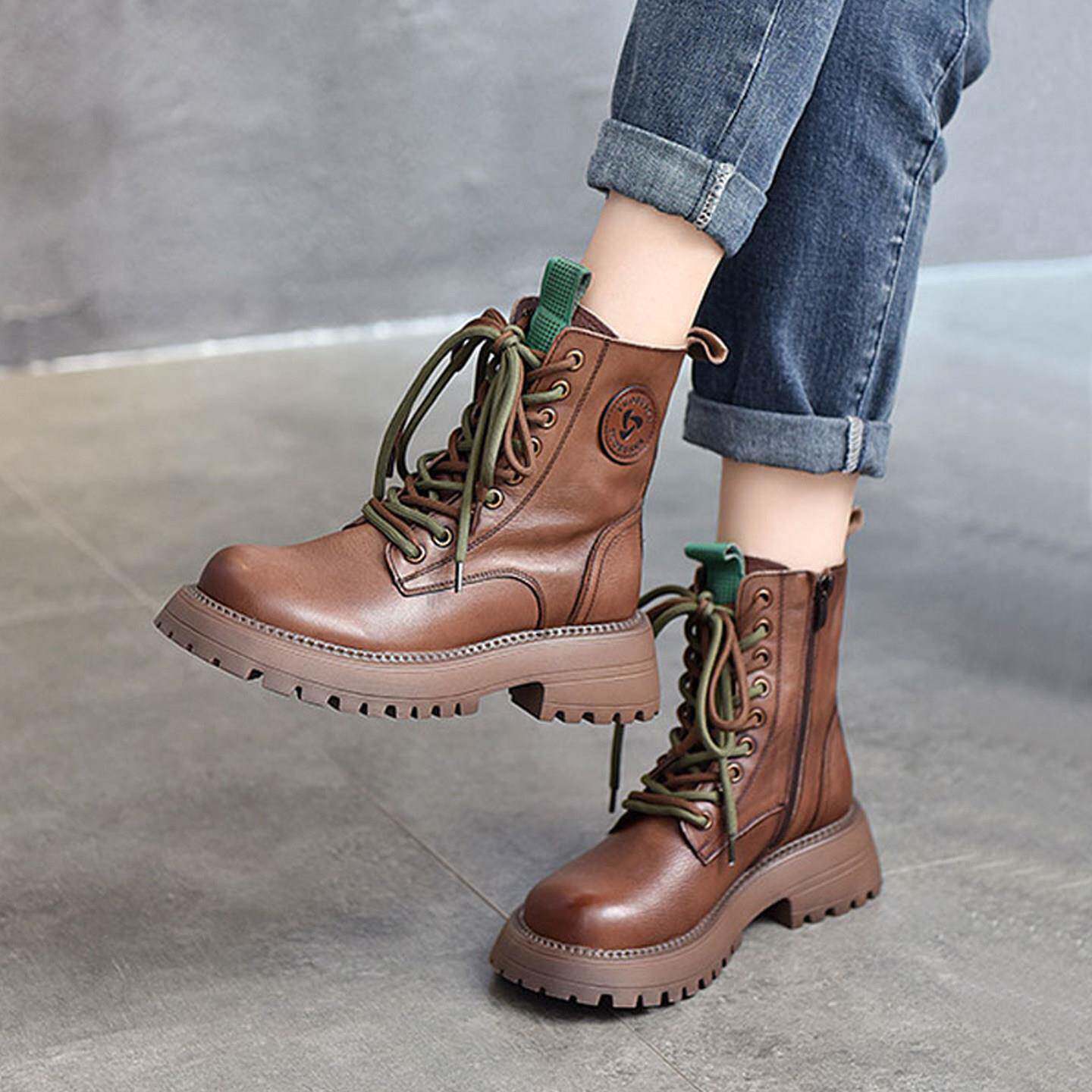 棕色马丁靴女2025新款松糕厚底秋冬真皮软皮冬季加绒头层牛皮短靴