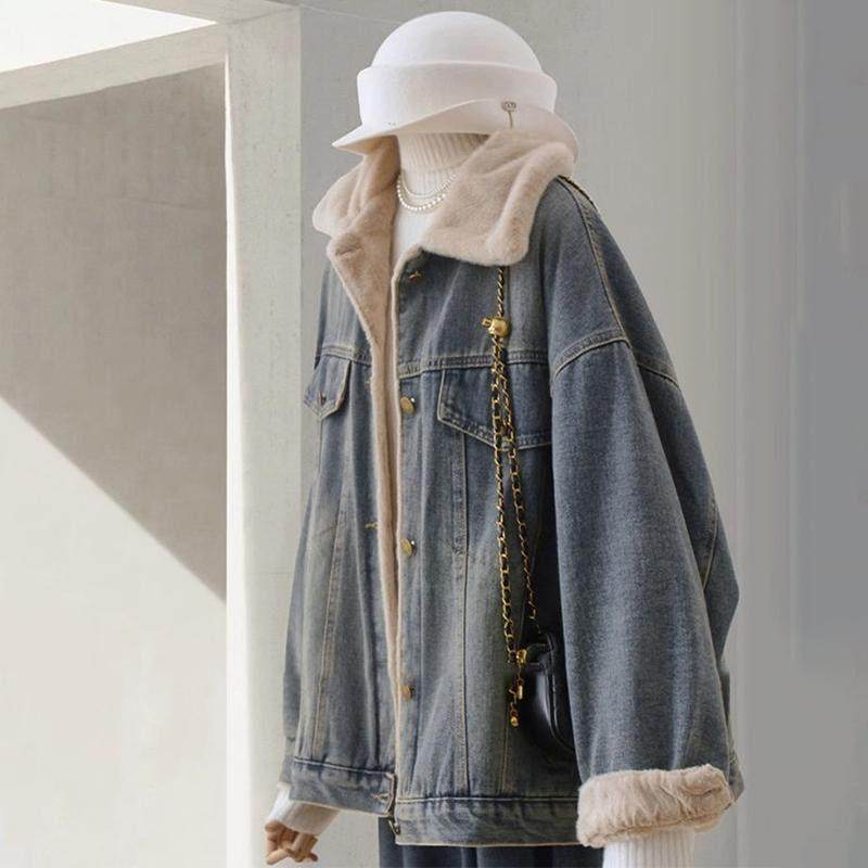 香港加绒牛仔外套女士冬季棉衣夹棉休闲宽松加厚棉服派克百搭大衣