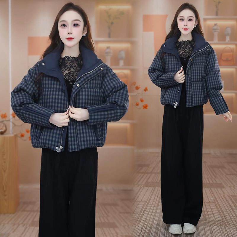 香港代购短款格子羽绒棉服女冬季新款保暖加厚立领棉衣棉袄外套潮