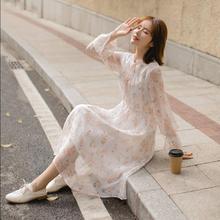 小个子雪纺连衣裙2019春秋款中老年女装印花中长裙长袖碎花仙女裙