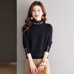 黑色毛衣打底衫女2025新款秋冬季小个子半高领套头宽松钉珠针织衫
