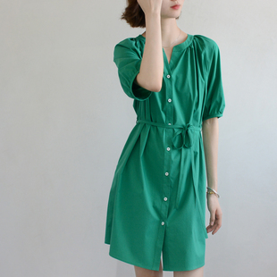 纯真系 宽松休闲夏季 单排扣系带棉质短袖 裙 女中长连衣裙 衬衫 TRR