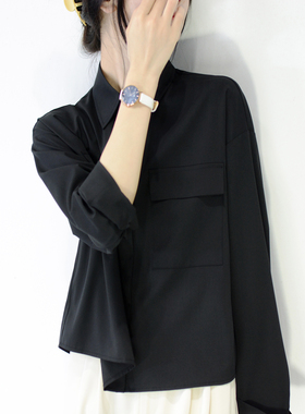 TRR 立裁显瘦 自留 黑色大口袋长袖宽松衬衫女 时髦上衣oversize