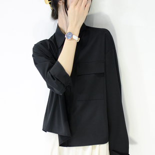TRR 立裁显瘦 自留 黑色大口袋长袖宽松衬衫女 时髦上衣oversize