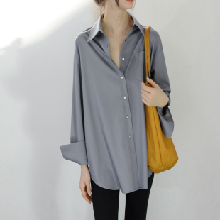 女宽松慵懒范十足设计感前短后长廓形上衣 衬衫 TRR 显瘦高级灰长袖
