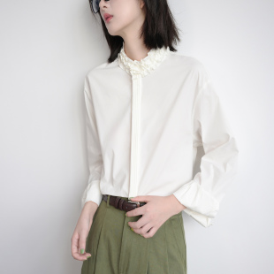 style 女 温柔不失娇俏 衬衫 3D花边立领上衣通勤 微宽松长袖 TRR