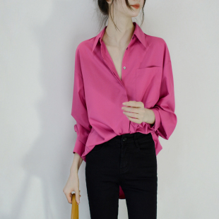 青春热烈蔷薇色 上衣 尖领长袖 宽松小众设计感灯笼袖 女 衬衫 TRR