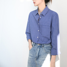 TRR 轻复古学院风蓝底小格子衬衫女中性口袋长袖微宽松衬衣上衣UP