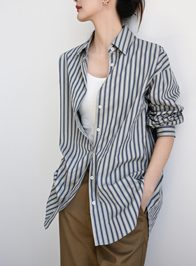 TRR 慵懒精纺棉通勤宽松长袖衬衫女男oversize亲肤舒条纹开襟上衣