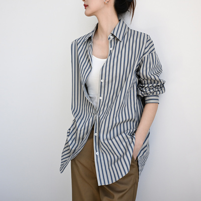 TRR 慵懒精纺棉通勤宽松长袖衬衫女男oversize亲肤舒条纹开襟上衣