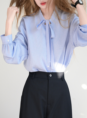 TRR 美不胜收 小清新减龄衬衫女 长袖微宽松条纹衬衣领口系带chic