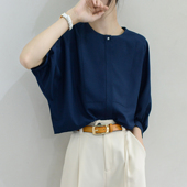 大家闺秀新中式 圆领暗门襟墨蓝珍珠扣半袖 夏季 TRR 衬衫 宽松上衣女