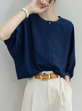 TRR 大家闺秀新中式圆领暗门襟墨蓝珍珠扣半袖夏季衬衫宽松上衣女