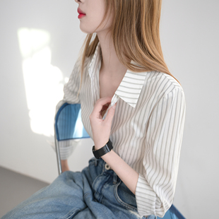 棉通勤ol衬衣颜值高 上衣偏合身衬衫 TRR 上班刚需奶白色竖条纹长袖