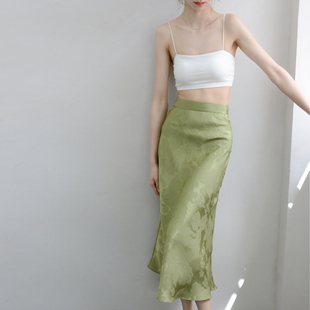 女夏季 TRR 抹茶色缎面提花半身裙 感觉 过膝长裙鱼尾裙nice 富贵