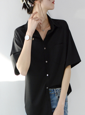 TRR 炎炎夏日巨显瘦 黑色宽松短袖衬衫女 棉通勤chic衬衣气质上衣