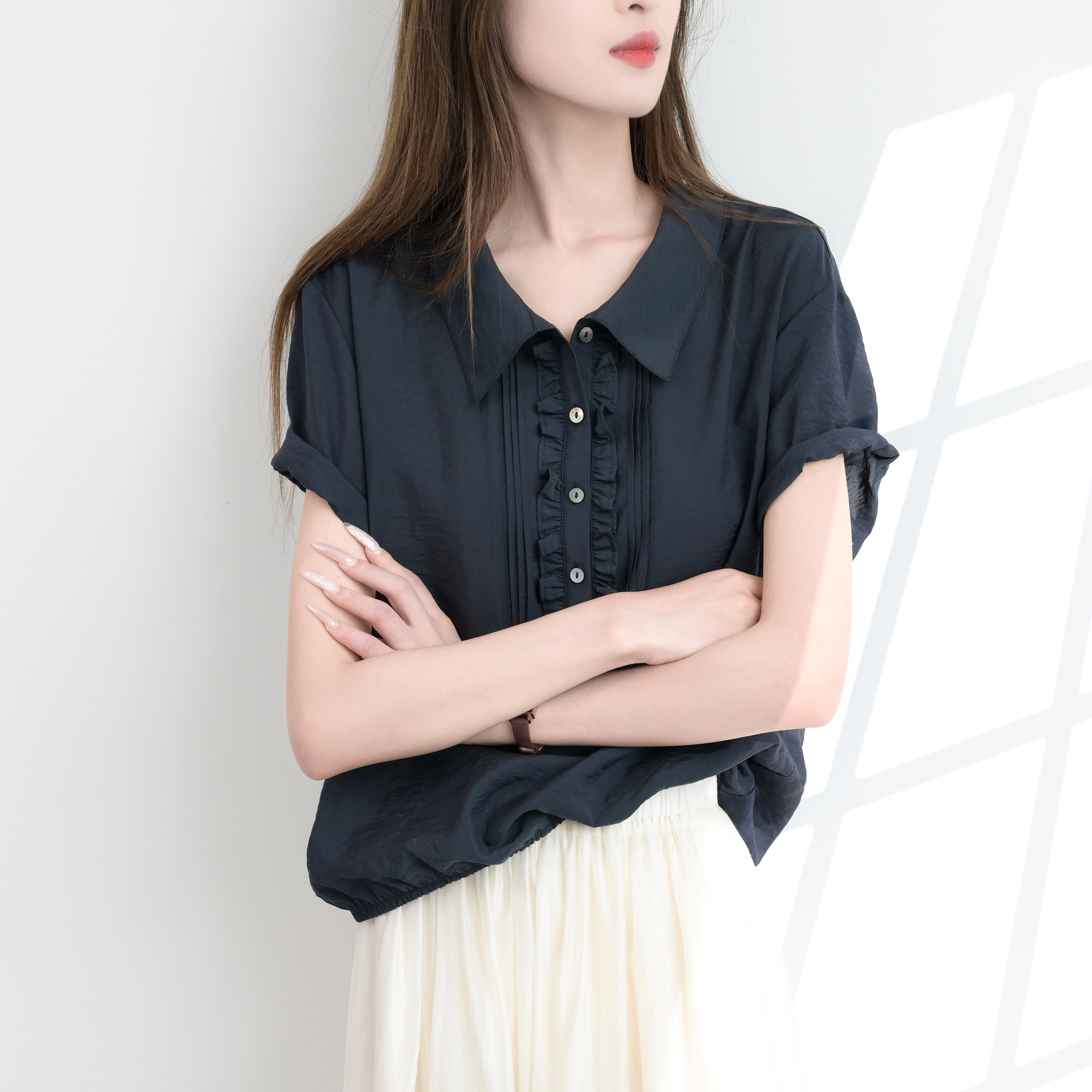 TRR 富有轻盈质感 翻领短袖微宽松衬衫女 夏季体感舒爽上衣通勤ol