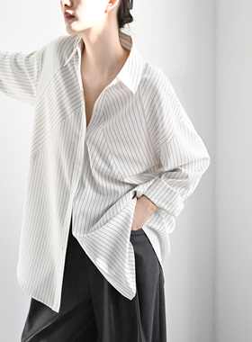 TRR 难以言喻的时髦感 宽松错层条纹衬衫女 上衣清新雅致长袖衬衣