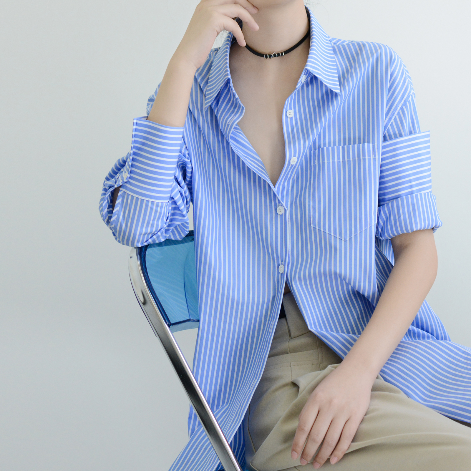 TRR宽松长袖条纹衬衫女