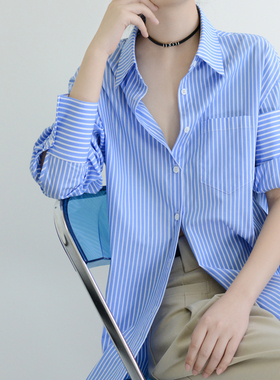 TRR 显瘦显高优雅风格上衣 蓝色竖条纹长袖宽松衬衫女 清爽衬衣棉