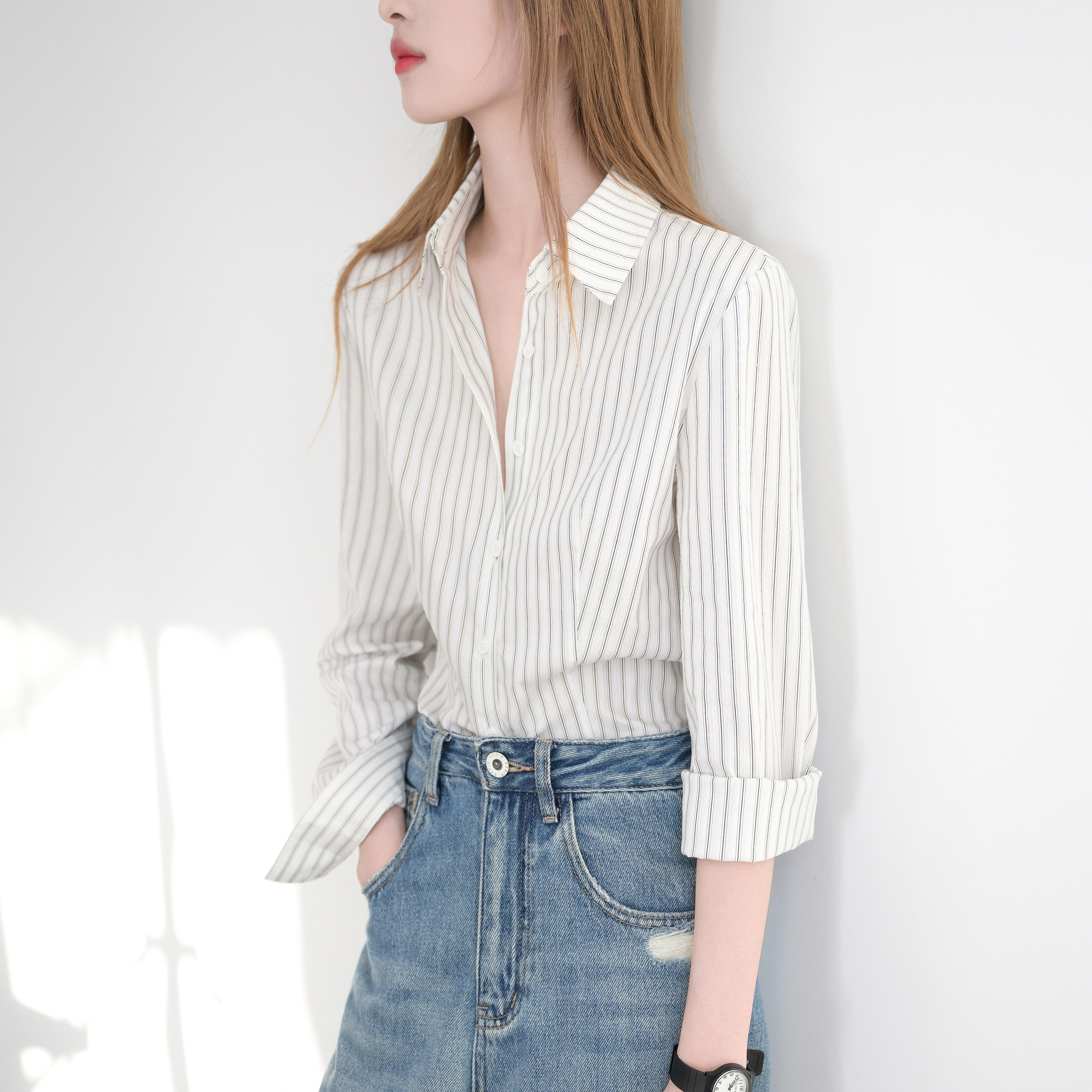TRR 上班刚需奶白色竖条纹长袖上衣修身女衬衫棉通勤ol衬衣颜值高