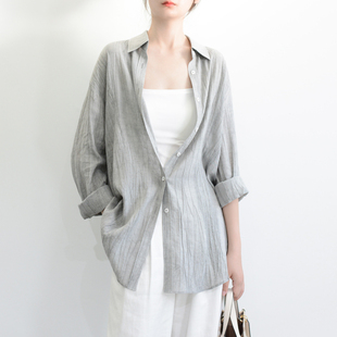 TRR 通勤的轻时髦长袖宽松衬衫女空间感扎染工艺显瘦上衣棉麻衬衣