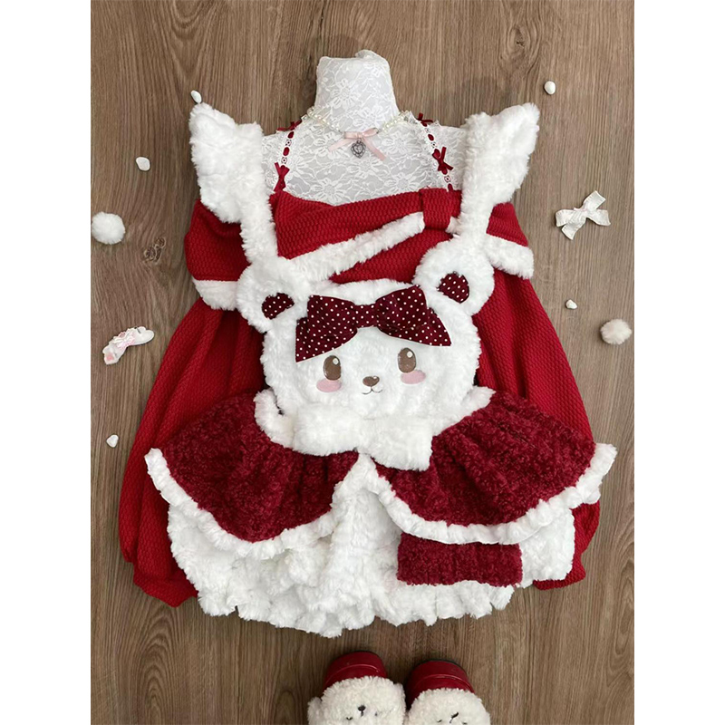 圣诞节新年战袍上衣毛绒披肩斗篷羊羔毛小熊背带裤lolita裙洛丽塔