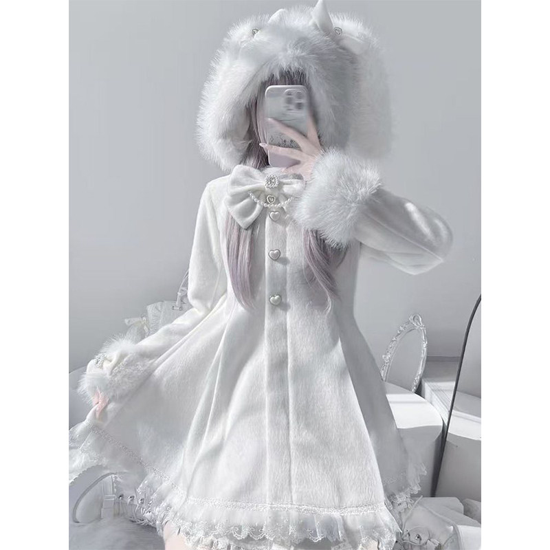 兔耳大衣冬季日系甜美蝴蝶结可拆卸帽子毛呢lolita外套洛丽塔可爱