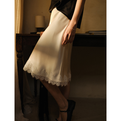commuse memory 『花影半垂』日本三醋酸双面缎蕾丝拼接半身裙女