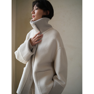 commuse memory苏力羊毛针织拼接宽松羊驼毛口袋双面毛呢大衣外套