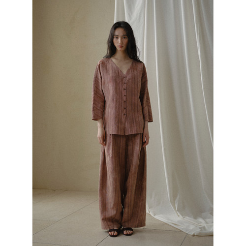 commuse memory『雨痕缬』桑蚕丝亚麻手工扎染V领上衣+休闲裤套装