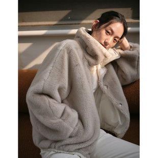 commuse memory冬季复古时髦进口环保皮草正反两穿短款派克服外套