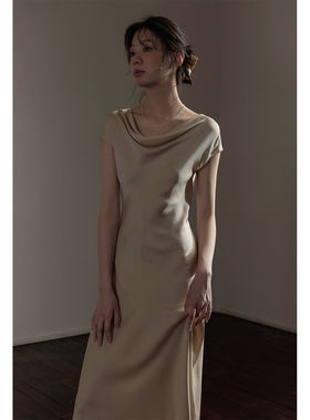 commuse memory『月韵』法式优雅 温柔气质荡领真丝连衣裙长裙