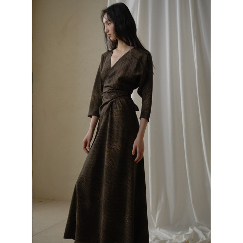 commuse memory『林间游风』定染不对称45度斜裁围裹式系带连衣裙