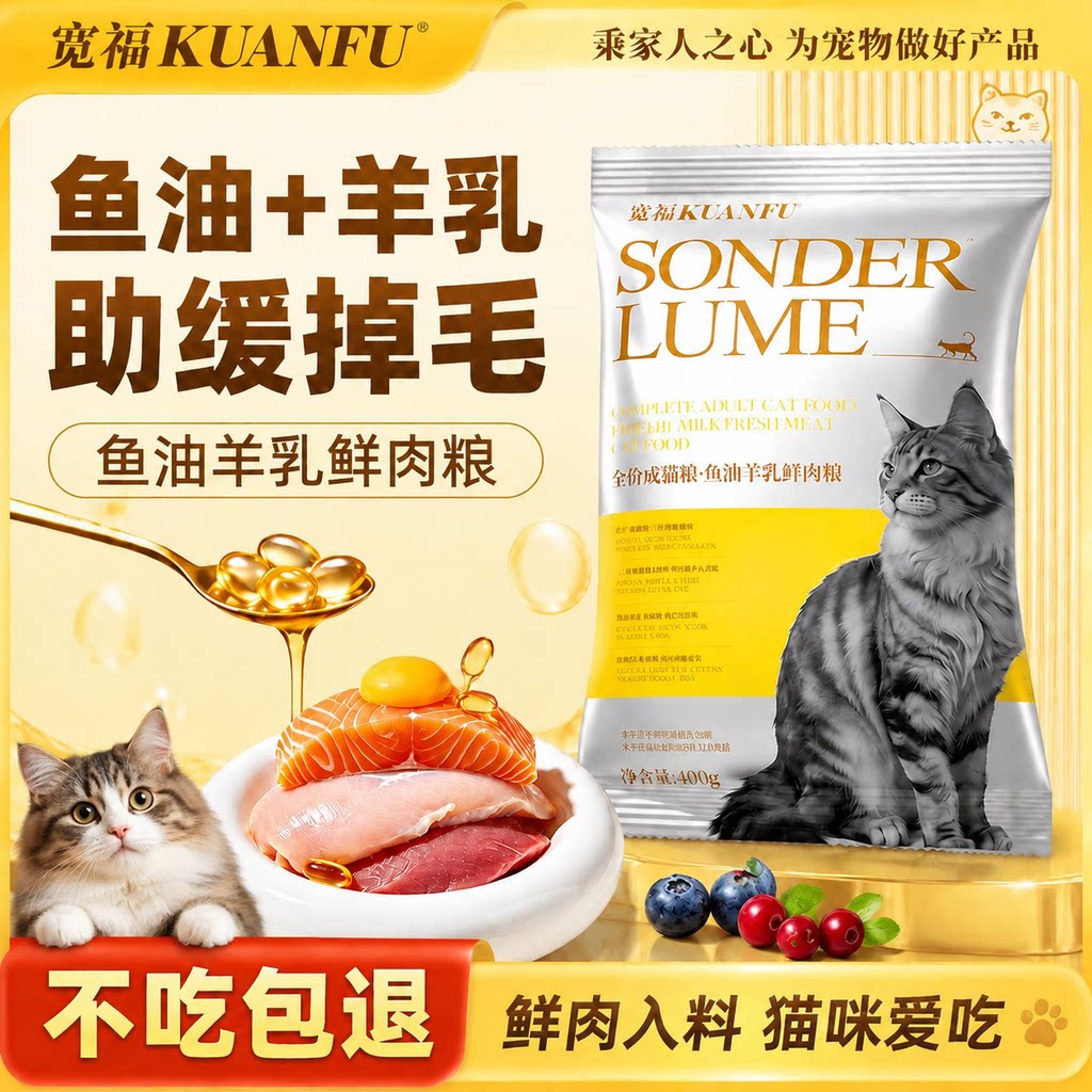 宽福鱼油羊乳鲜肉粮全价成猫粮鲜肉配方美毛护肤猫咪主粮400gs